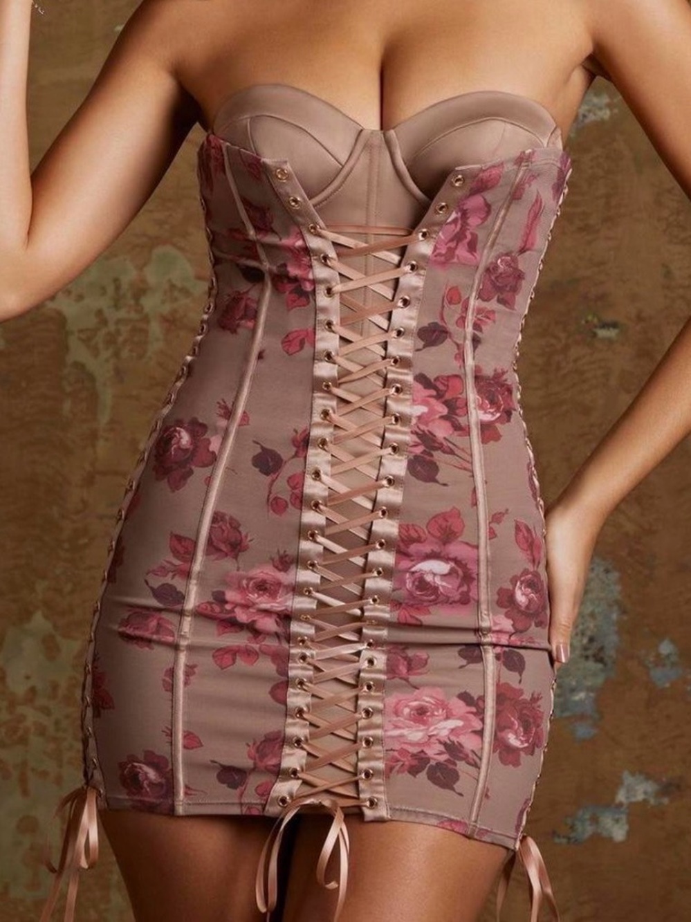 Oh Polly Mauve-Pink Floral Lace-Up Strapless Bodycon Mini Dress
